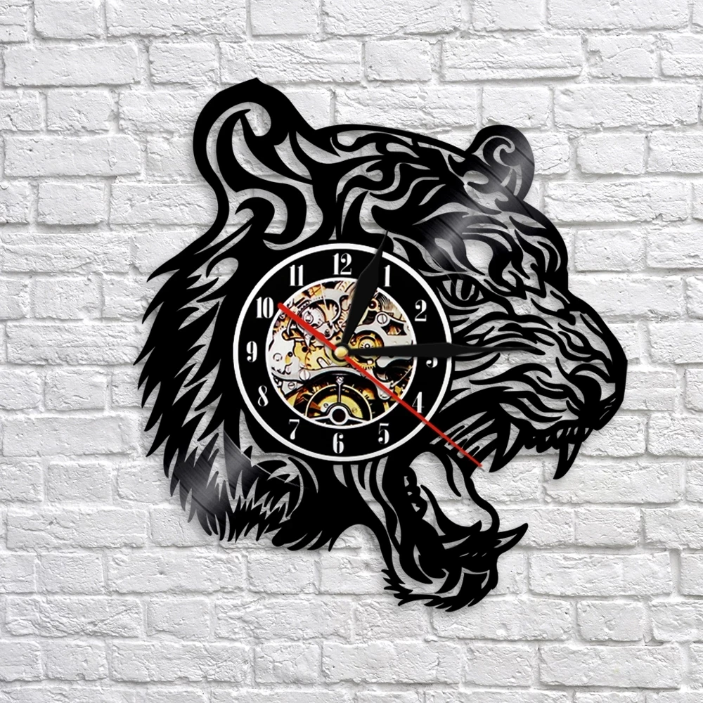 

Настенные часы с изображением головы тигра, виниловая пластина, современный дизайн, настенные часы с животными в зоопарке, домашний декор д...