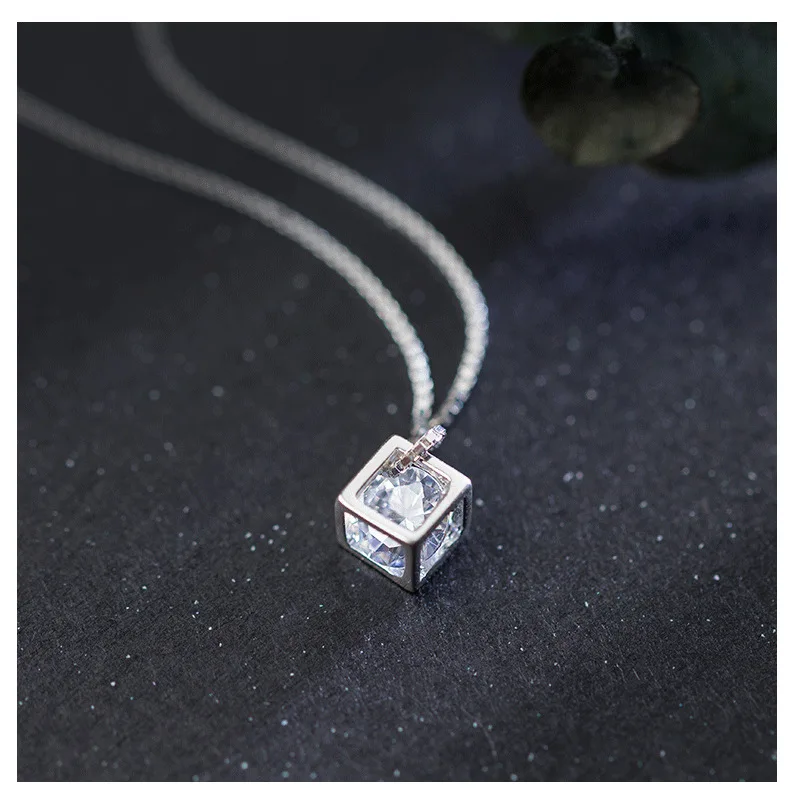 925 Sterling Silver New Arrival Zirconia Water Cube Pendant Necklace For Women Fashion Square Clavicle Wedding Jewelry | Украшения и