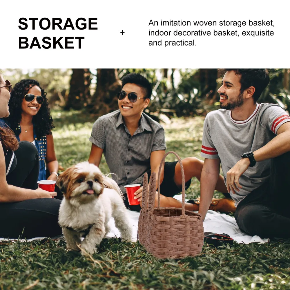 

1PC Spring Outing Hand Basket Simulated Rattan Sundries Sorting Box(Light Brown)