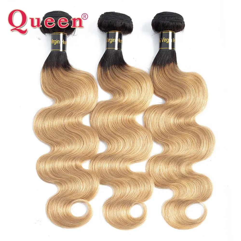 

1B/27 Body Wave Human Hair Bundles With Closure 3 Bundles With Lace Closure B/27 Ombre Blonde Peruvian Body Remy Hair QUEEN HAIR