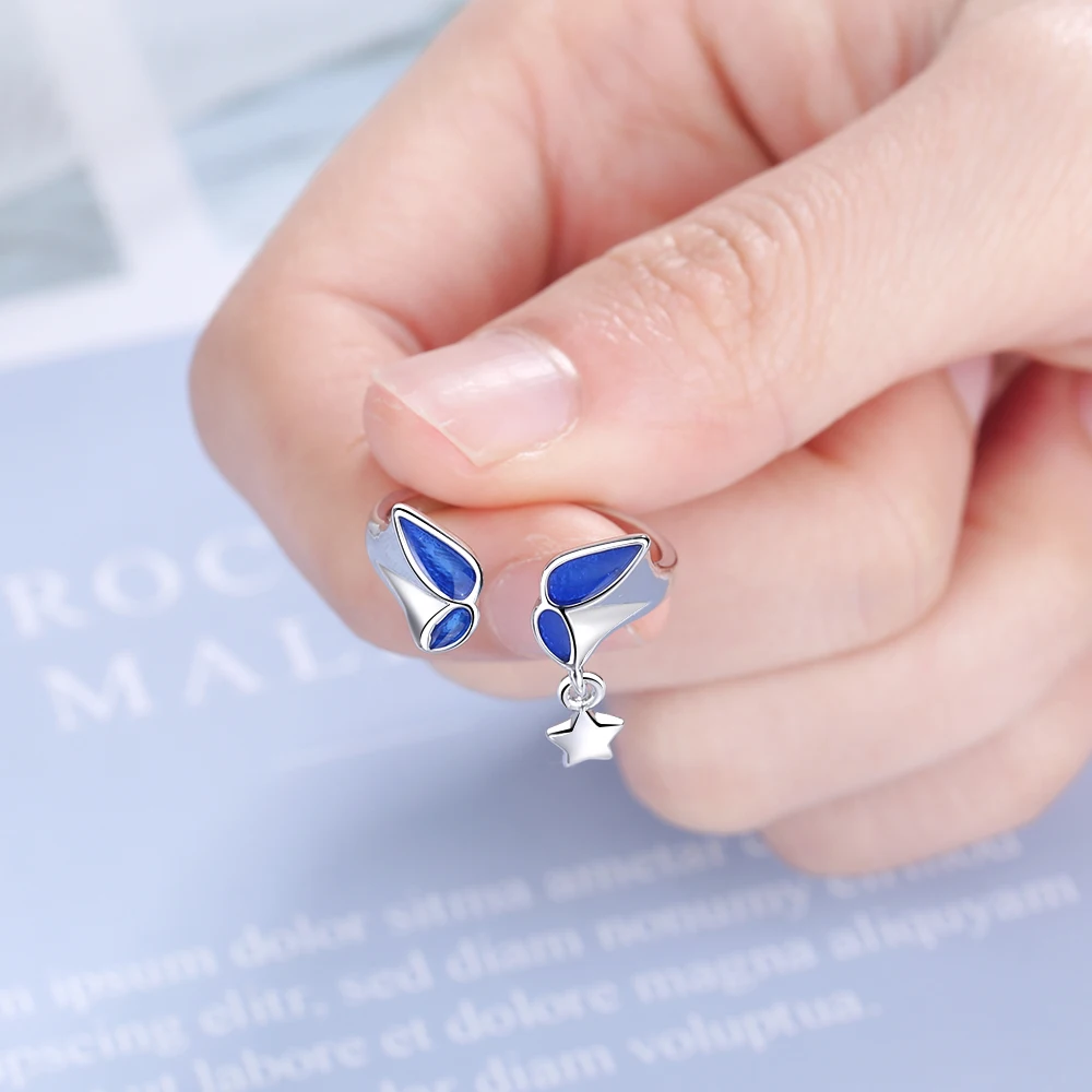 Женское кольцо из серебра 925 пробы с синей бабочкой и звездой | Украшения