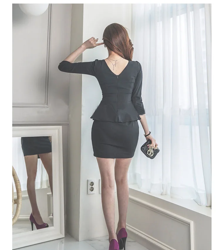 

2020 Winter V-Neck High Waisted 3/4 Sleeve Peplum Sexy Vestidos Mini Bodycon Black Club Dresses