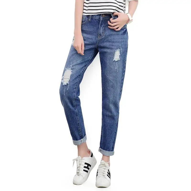 

Женские джинсы, осенние модные женские хлопковые джинсы большого размера, эластичные Женские джинсы-бойфренды с дырками, женские джинсы 4xl, ...