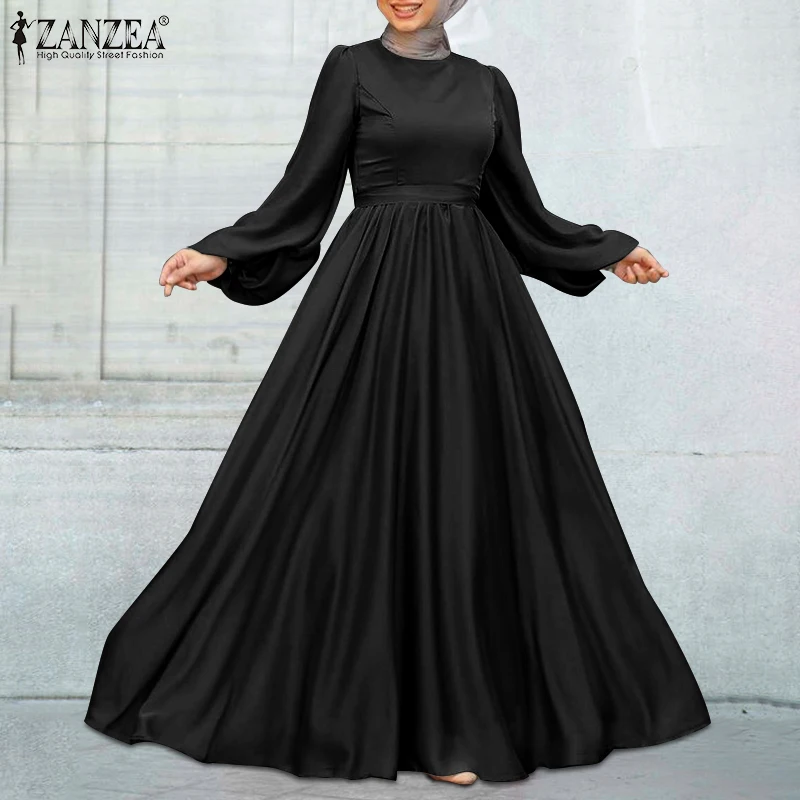 Plus Size ZANZEA Women Puff Sleeve Silk Stain Dress Elegant Solid Party Muslim Dresses Dubai Turkey Abaya Hijab Islamic | Тематическая