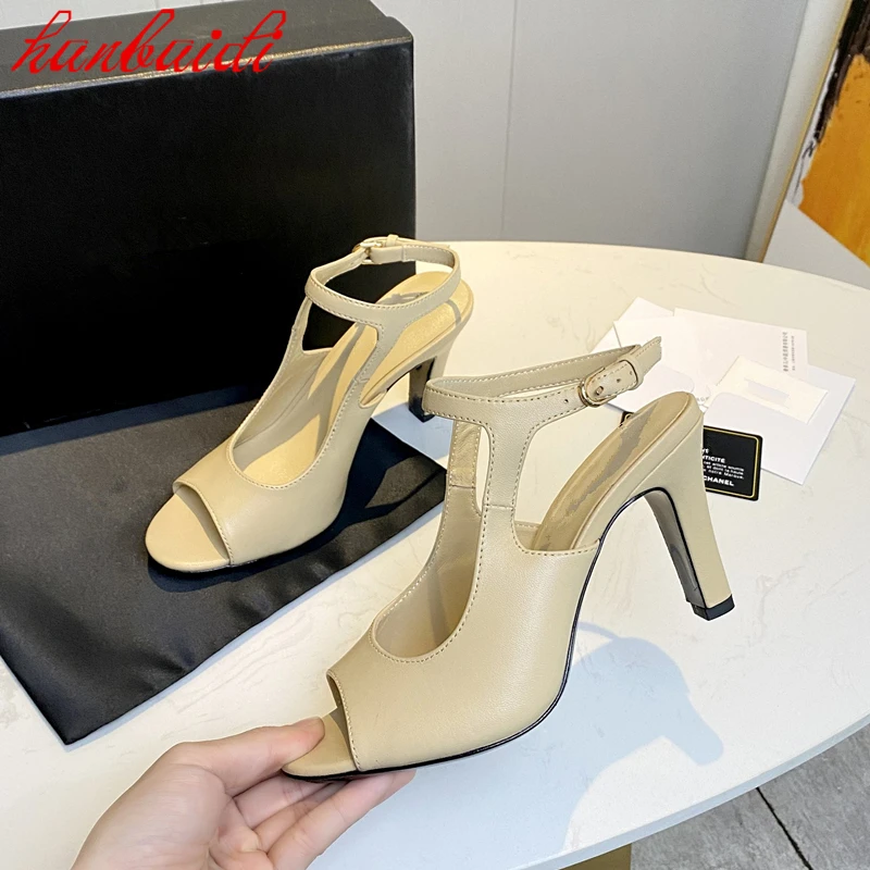 

Shoes Ladies Summer Genuine Leather Sandals Open Toe Fashion Thin Heels Shoes Solid Color Shallow Pumps Button Casual Sandals