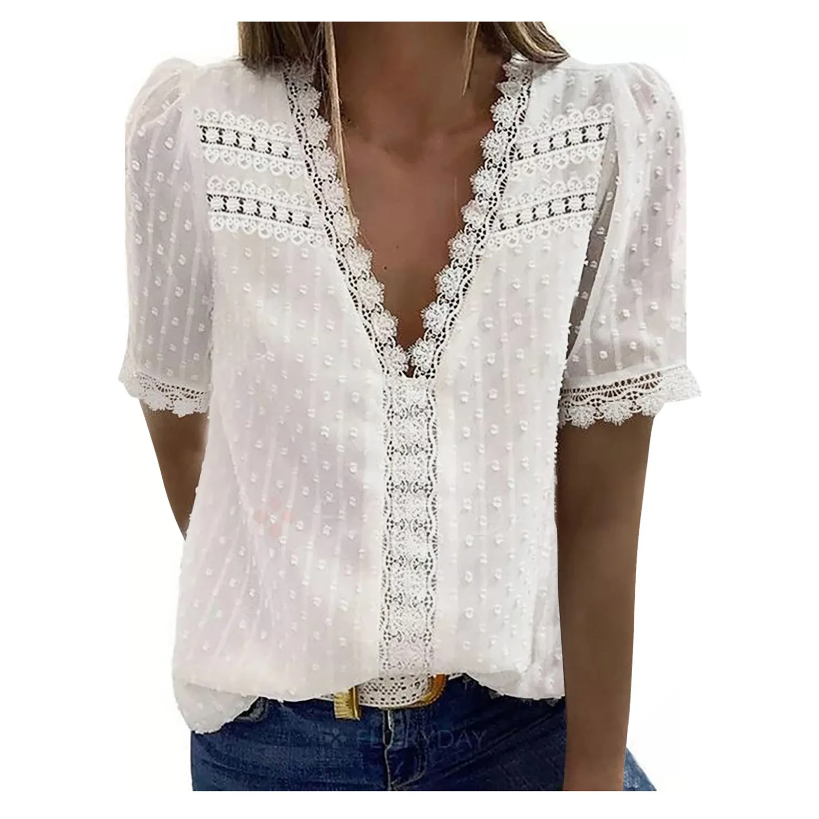 

Women Summer Blouses Chiffon Elegant V Neck Short Sleeve Blouse Sexy Hollow Out Lace Ladies Shirts Solid Woman Shirt Tops #T1G