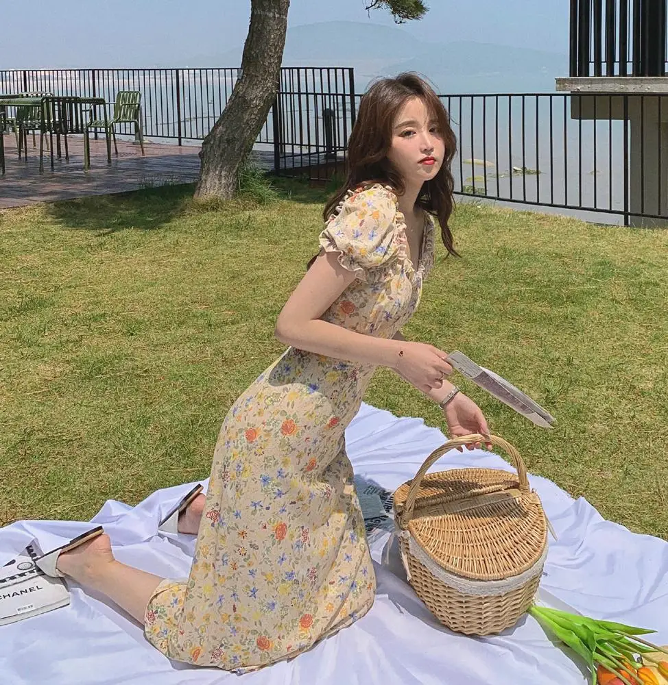 Женское шифоновое платье с цветочным принтом длинное пляжное в стиле бохо модель