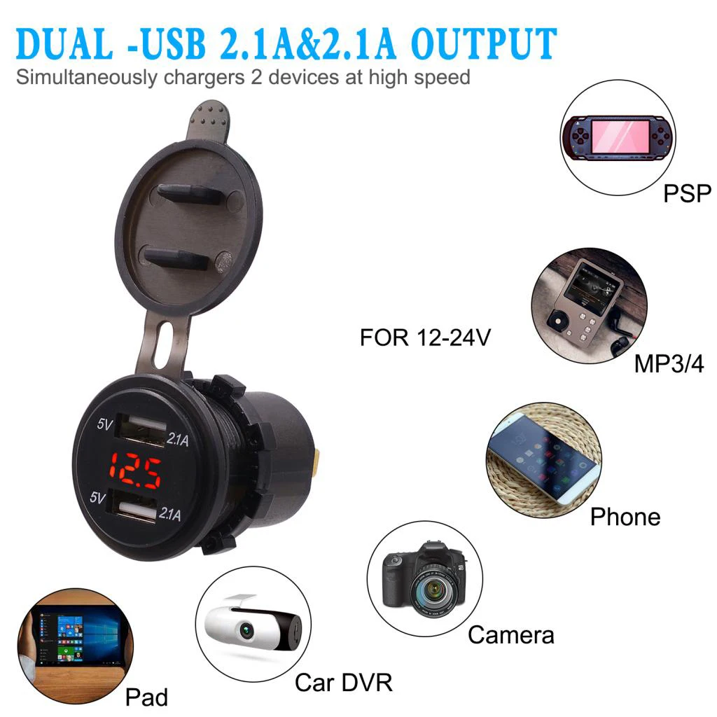 

12/24V Dual USB Port Car Power Socket Plug With Red LED Voltmeter Display