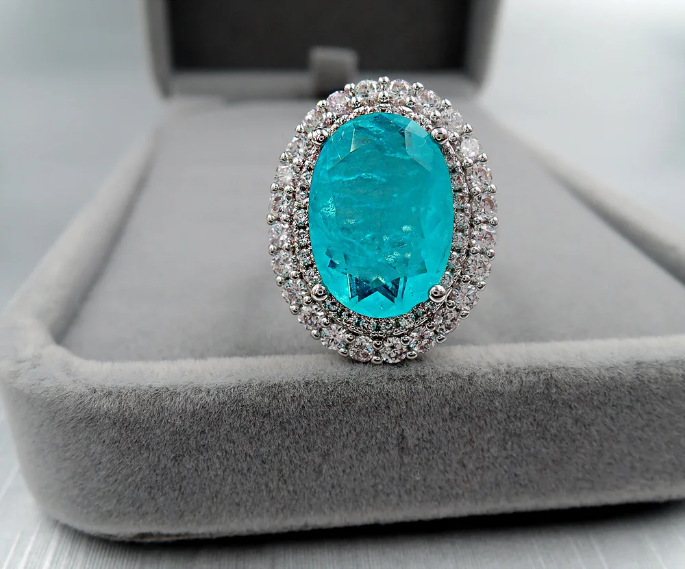 

Vintage 100% 925 Sterling Silver10*14mm Paraiba Tourmaline Gemstone Wedding Engagement Diamonds Ring Gift Fine Jewelry for Women