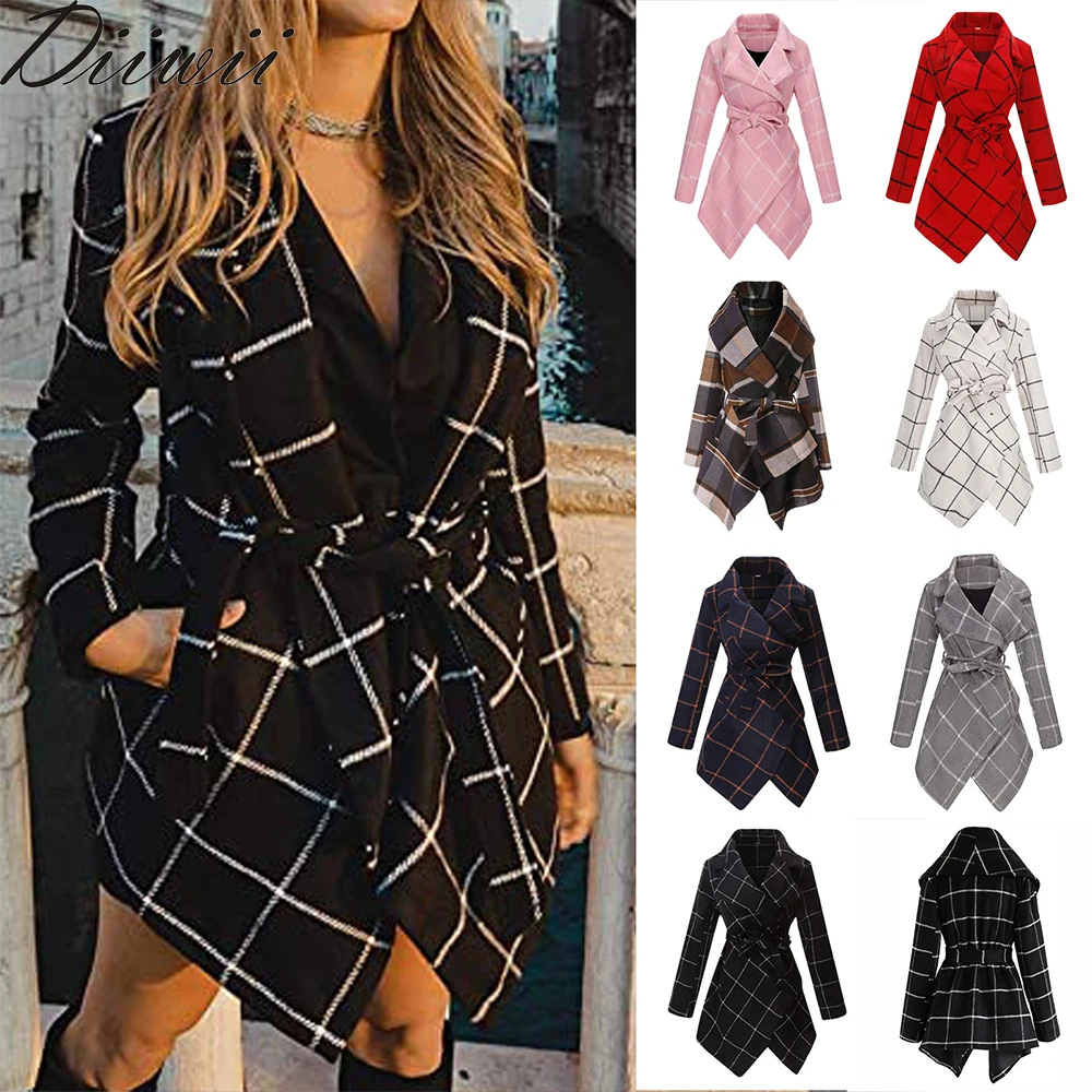 

Diiwii Women Coat Jackets Black Irregular Lattice Fashion Urban Casual Mid-Length Warm Lace Up Woolen Clothing 2020 Autumn Winte