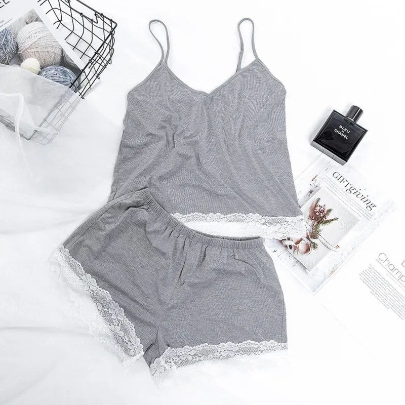 

Suspender Vest Pajamas Suit Summer Simple V-neck Sexy Lace Comfortable Leisure Women's Home Wear High Waist Shorts Sleepwear