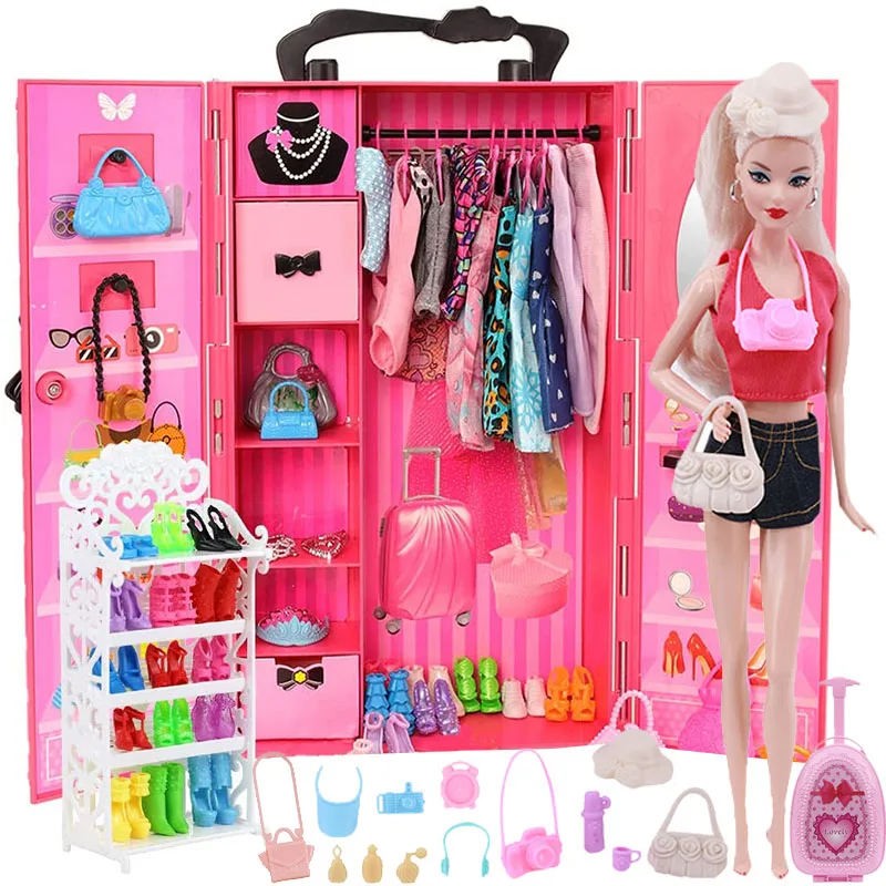 

Barbies Dollhouse Furniture 72Pcs/Set=1 Wardrobe +71 Doll Accessories Doll Clothes Dresses Glasses Necklace Shoes For Barbie Toy