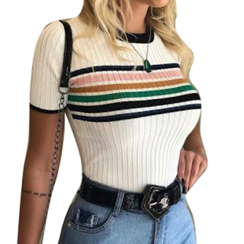 

Summer Women Clothing Striped Color Patchwork Casual Slim Crop Tops Ladies O Neck Harajuku Short Sleeve Knitted T-shirt SJ5795M