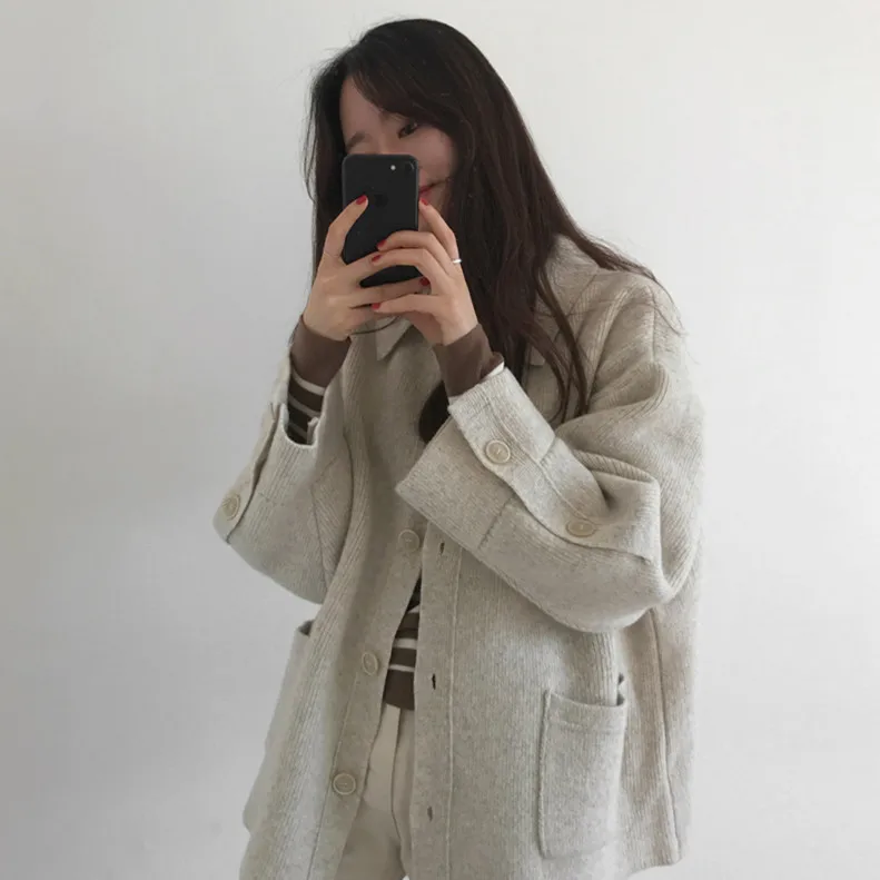New cardigan women sweater pure color loose minimalist lapel long sleeve for autumn winter 2020 |