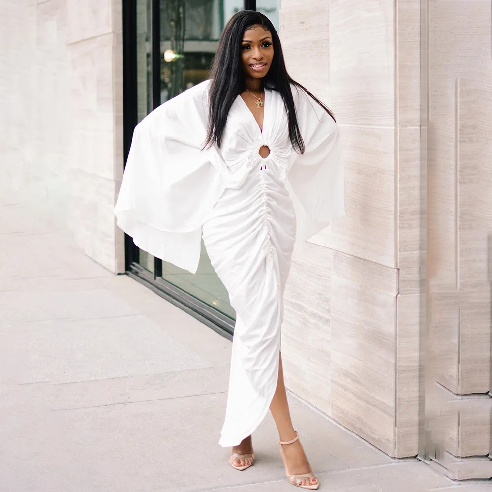 

New Autumn And Winter Fashion Women's Dress Design Sense V-neck Long-sleeved Skirt Loose White Dresses Skirt Ruched Dress