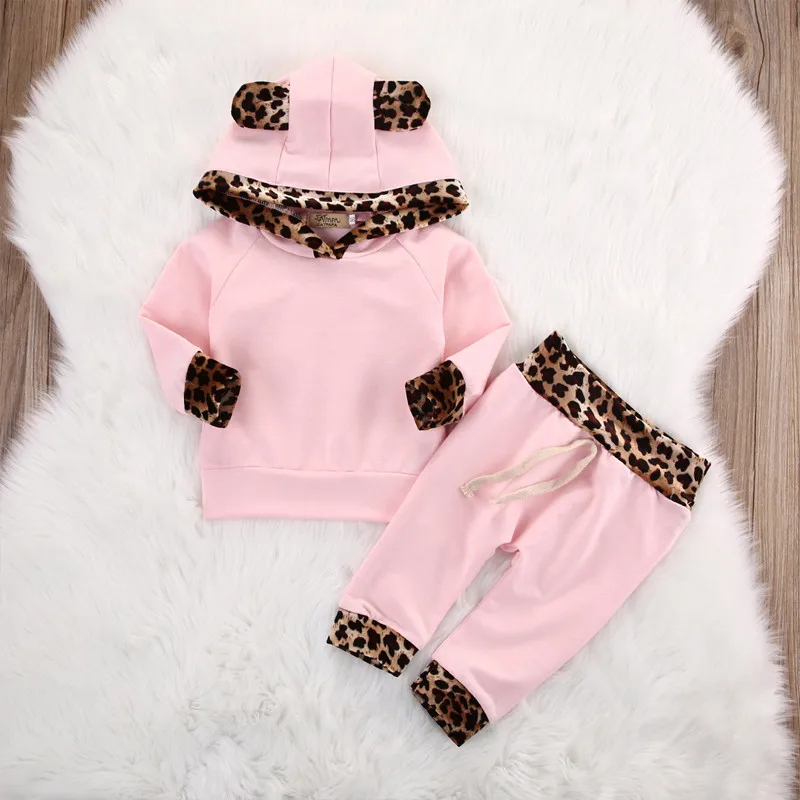 Cute Newborn Baby Clothes for Girls Pink Leopard Printed Hooded Sweater Solid Sweatshirt and Pants Toddler Kids Clothing Set | Детская
