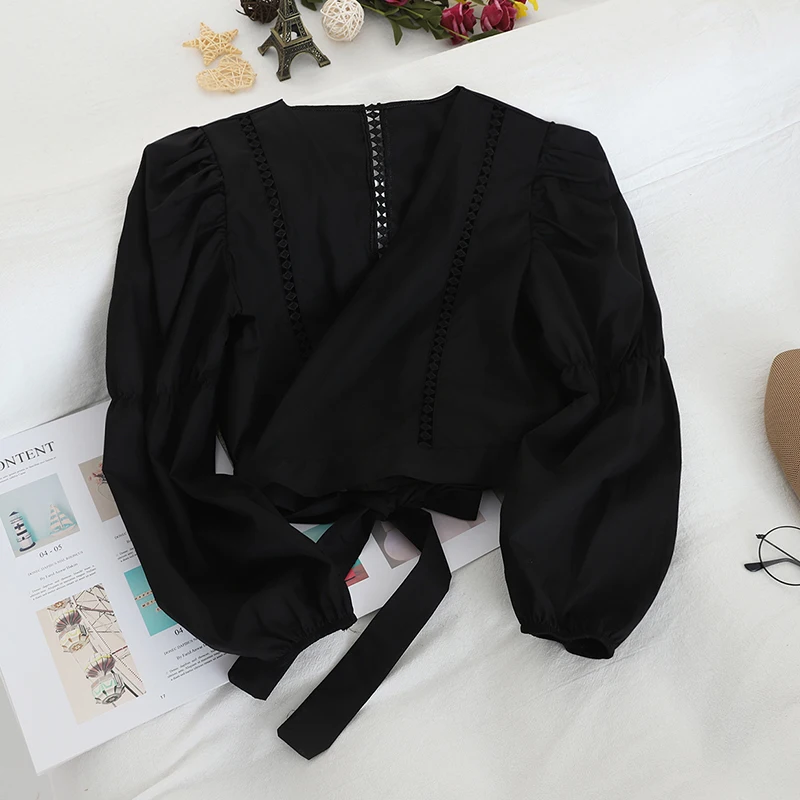 

Early autumn new Korean elegant style bubble sleeve hollow V-neck cross tie short long sleeve sun proof shirt for women