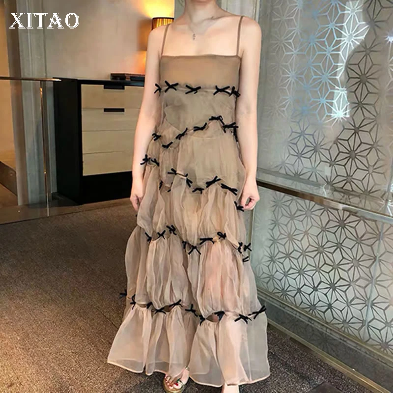 

XITAO/Новое Сетчатое платье на бретельках с вырезом и бантом; Модное летнее платье без бретелек со складками; Однотонное платье WMD1629