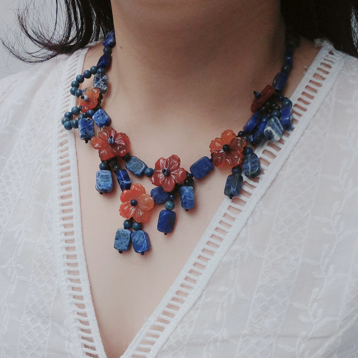 Lii Ji настоящий синий кальдалитовый сердолитовый агат колье-чокер с цветами 49 см