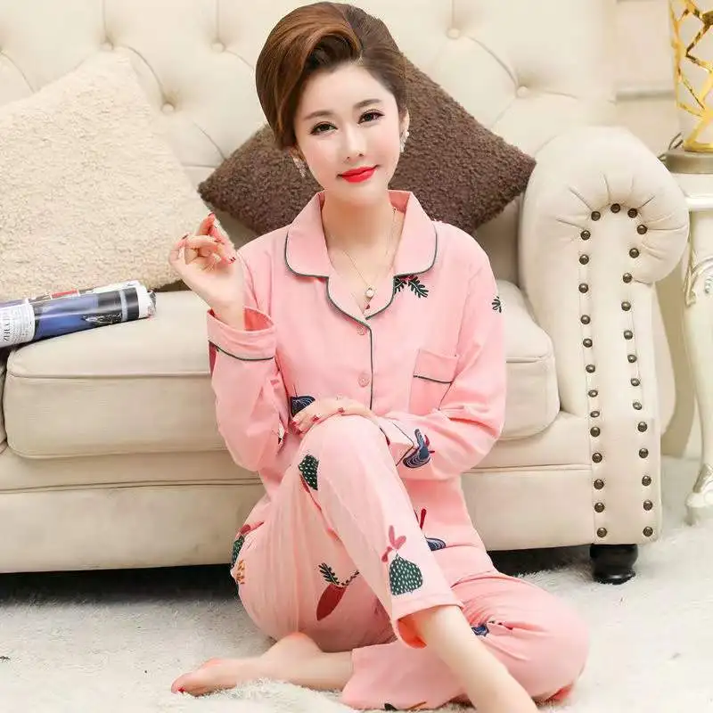 Women Pajama Set Spring Autumn 100% Cotton Long-Sleeved Trousers Two-Piece Home Clothes Mom Pyjamas Suits