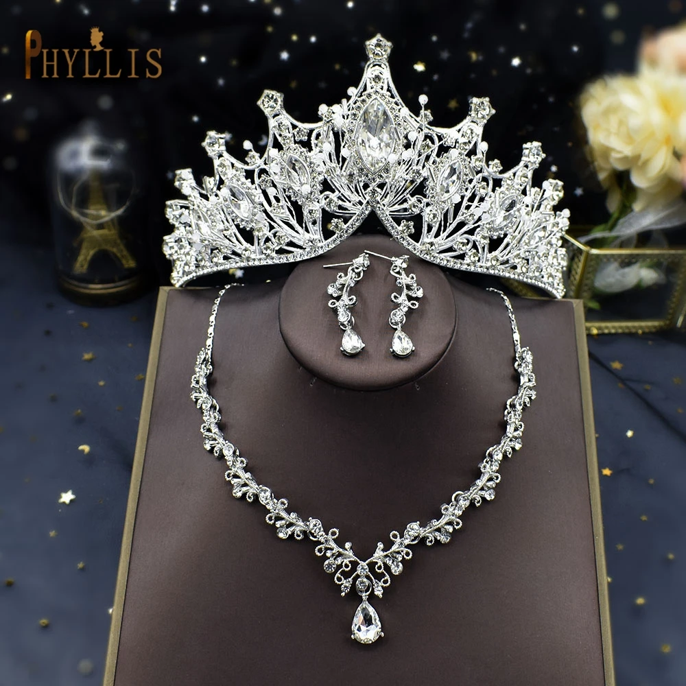 

A58 Fashion Crystal Pearl Costume Jewelry Sets Necklace Earrings Crown Tiaras Set Women Bride Crowns Wedding Jewelry Accessories