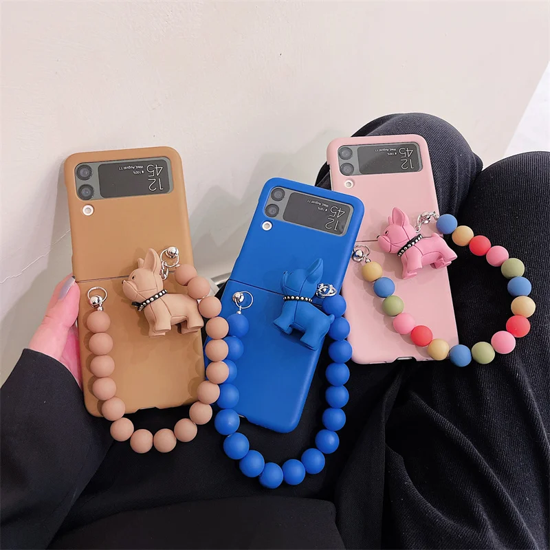 

Cute Bulldog Pendant Chain Phone Case For Samsung Galaxy Z Flip 4 3 Cover Solid Color Hard Protective Cases For Z Flip3 Flip4 5G