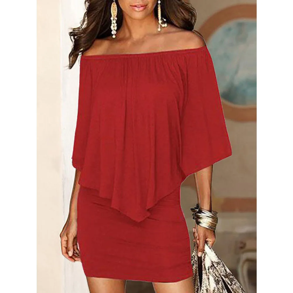 Women Red Off Shoulder Dress Sexy Slash Neck bodycon Beach Slim Mini Casual Ruffles Party Vestidos | Женская одежда