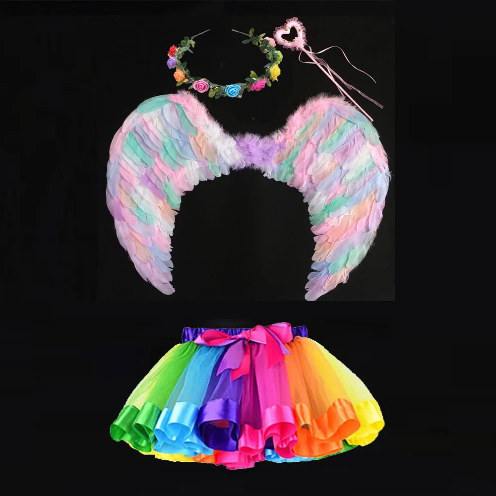 

Adult Kids Women Girl Angel Feather Wings Flower Wreath Magic Wand Tutu Skirt Birthday Party Christmas Halloween Costume