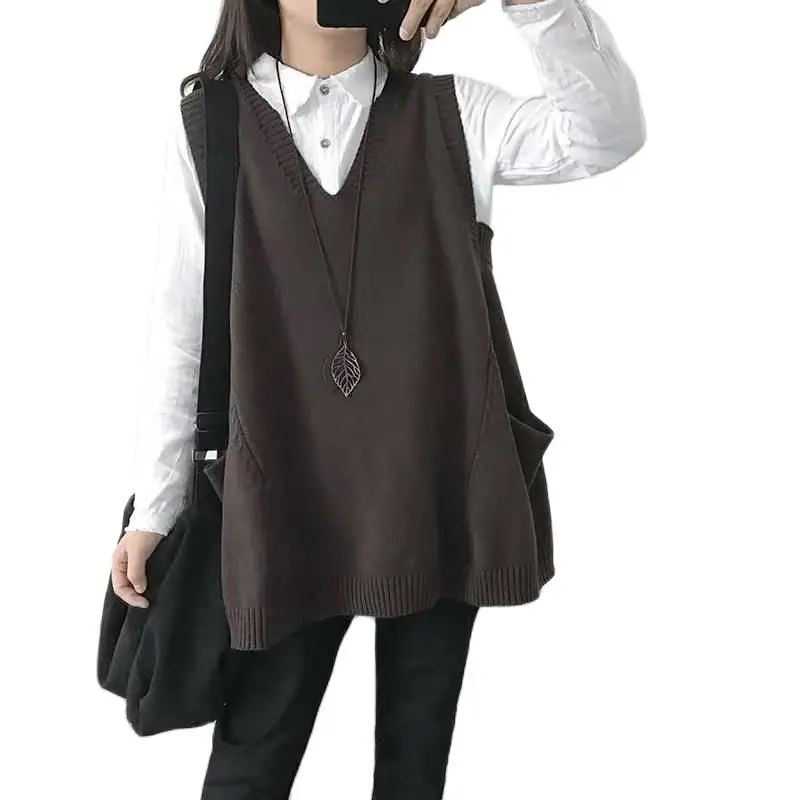 

Женский вязаный жилет с V-образным вырезом, свободный свитер без рукавов, жилет, вязаная уличная одежда без рукавов