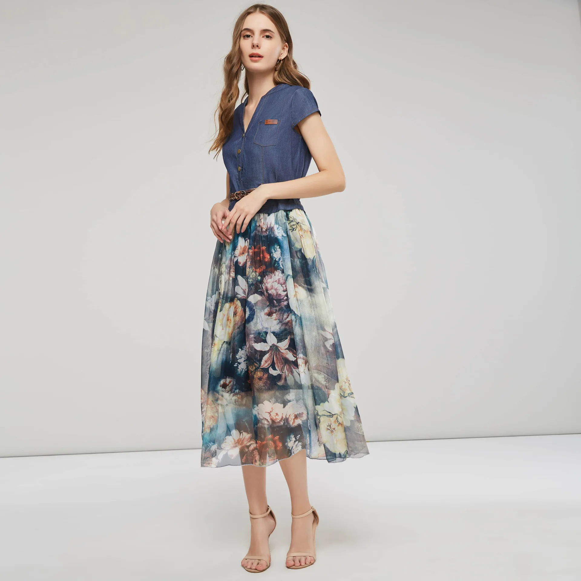 

Denim print dress hot summer 2020 V-neck slim women's dress 3352