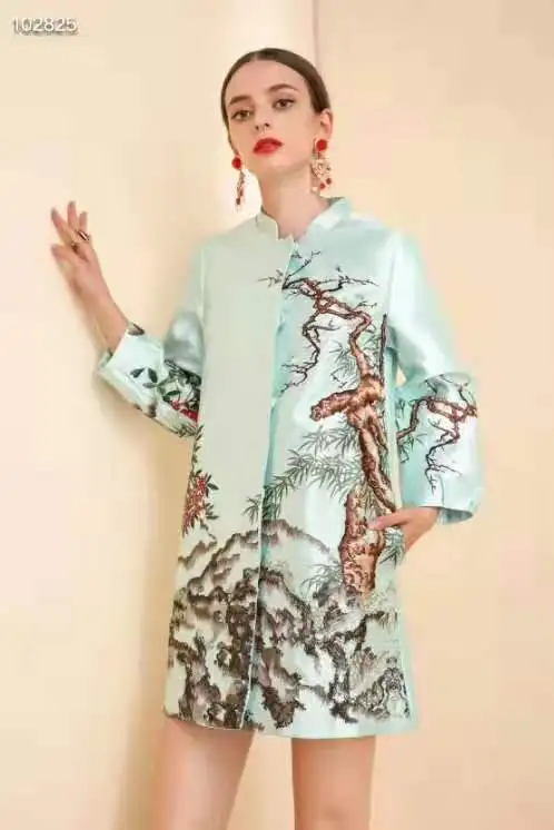 blue Casacos Feminino осенний плащ большого размера женские винтажные узоры однобортные Длинные рукава синий желтый красный пальто XXXL - Цвет: blue