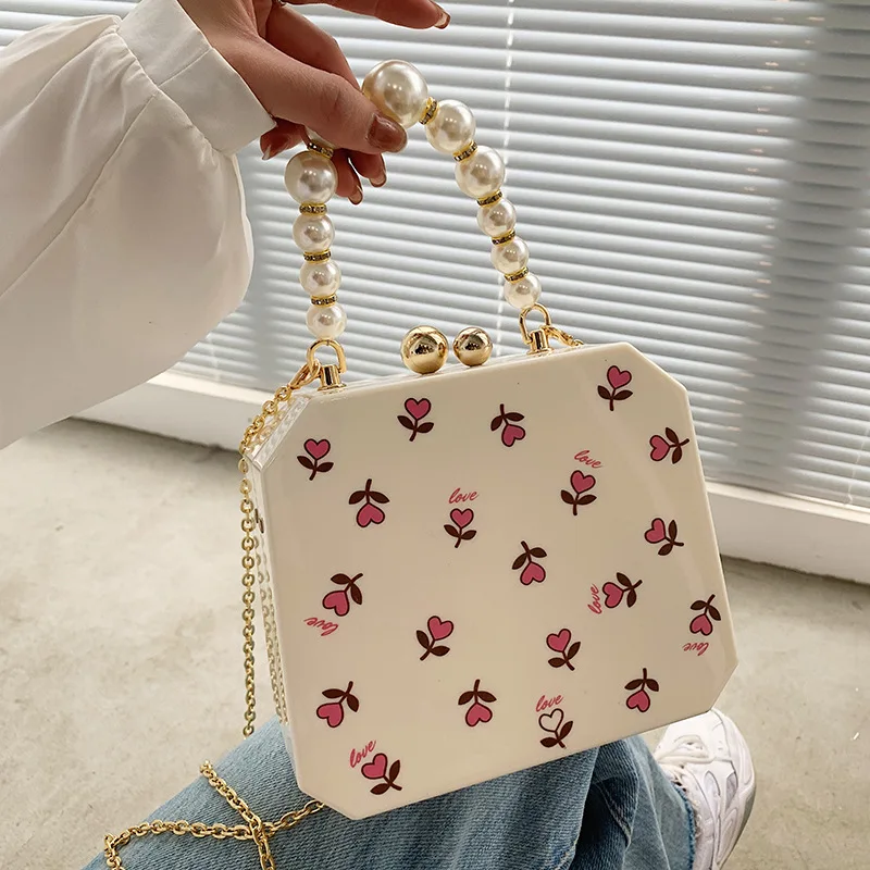 

Pearl Portable Acrylic Box Bag 2021 Summer Small Trendy All Match Chain Small Square Bag Crystal Evening Bags Woman Clutch Bag