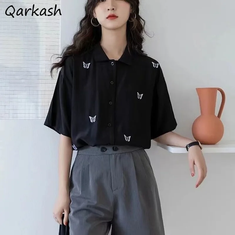

Shirts Women Short Sleeve Maiden Embroidery Loose Summer Black All-match Retro Girls Sweet Clothing Thin Korean Style Leisure
