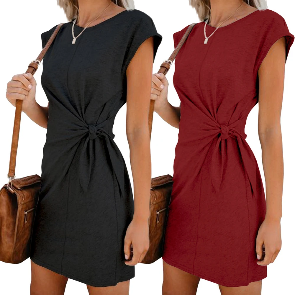 Женское повседневное свободное платье на шнуровке однотонное с круглым вырезом