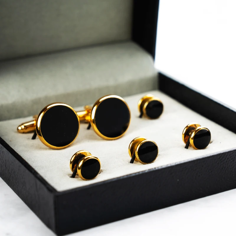 Роскошный набор золотых запонок и шпилек для смокинга черная эмалированная