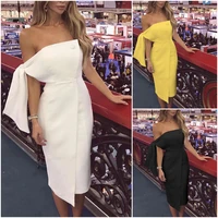 explosion solid tie sleeve button irregular midi dress women off shoulder short sleeve cocktail party dress elegant ball gowns