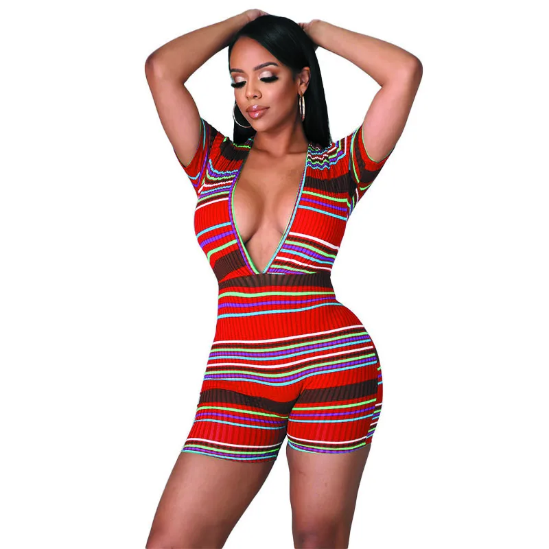 

Sexy Summer Jumpsuit 2021 One Piece V Neck Romper Night Club Women With Striped Print Fashion Romper Casual Women Sexy Jumpsuit