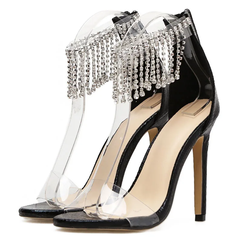 

2020 new sexy metallic color plastic tassel rhinestone buckle 11cm super high heel stiletto sandals