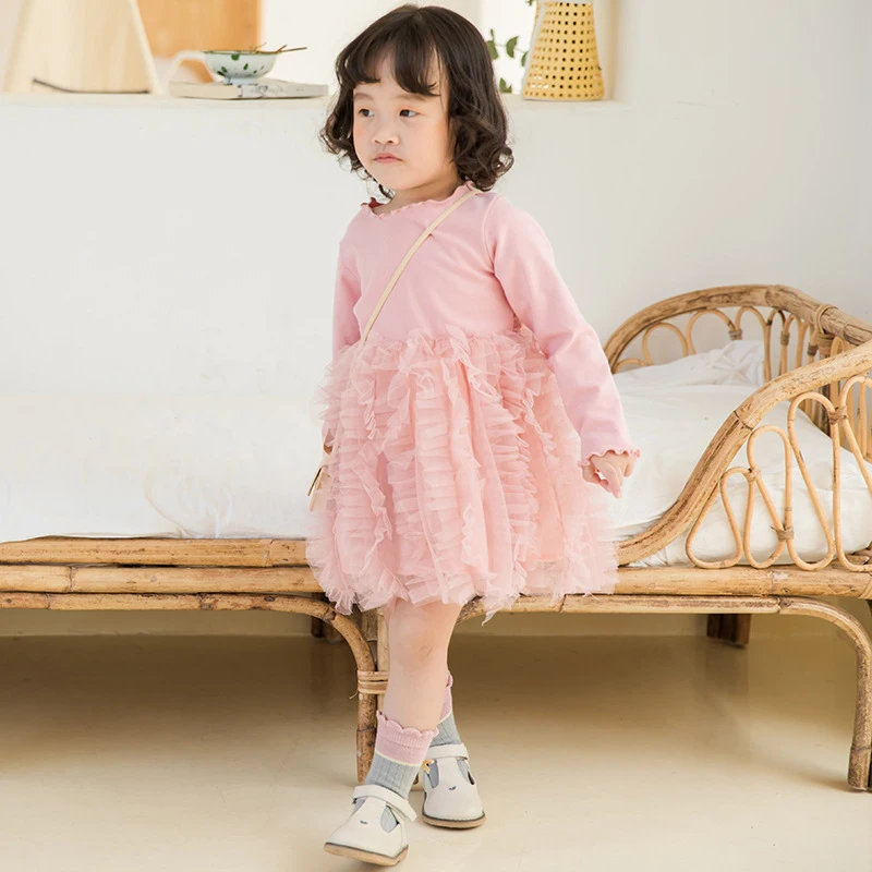 2019 платье для девочек детская одежда с длинными рукавами однотонные хлопковые