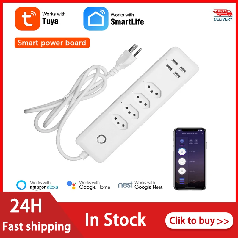 

Tuya Smart Power Strip With 4 Outlets 4 USB Ports Home Office WiFi Remote Control Power Strip Smart Wireless Outlet Brazil Plug