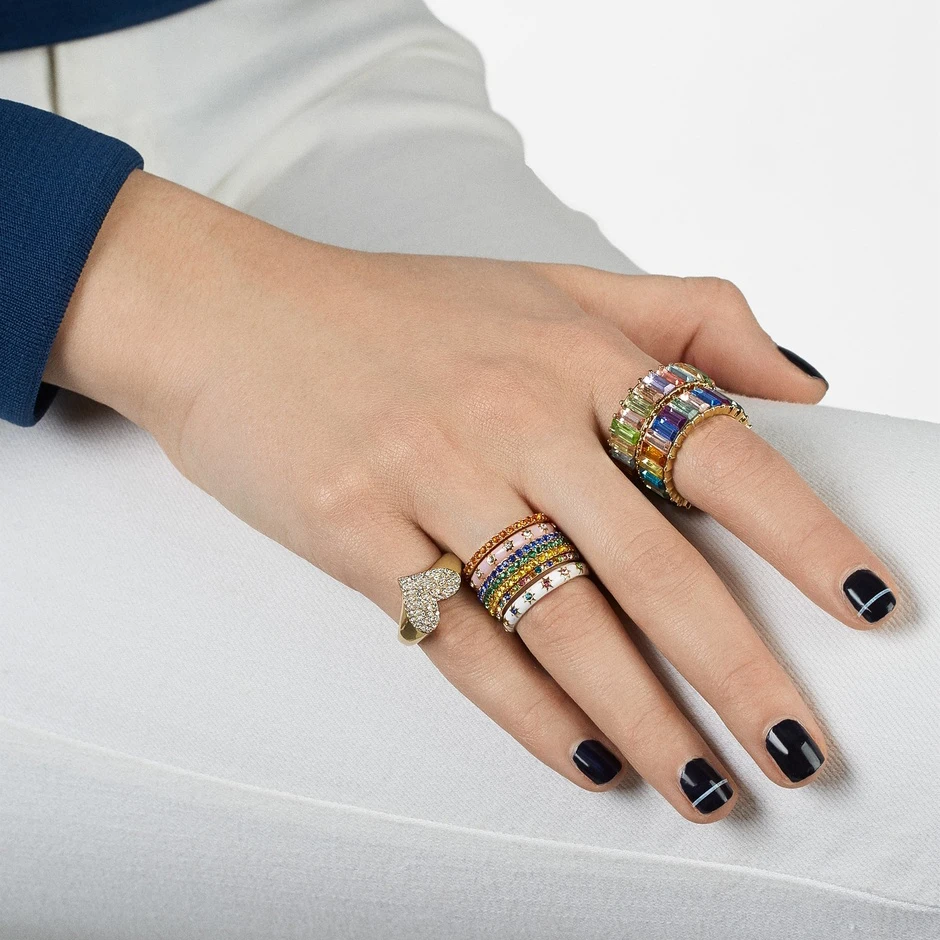 2021 Позолоченные белые эмалевые радужные Cz Искрящиеся Мини-кольца со звездой