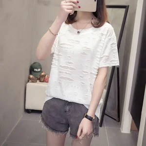 Лето 2021 года, модная новая свободная футболка с короткими рукавами, женская уличная футболка для отдыха, индивидуальность, украшение с отверстиями, топы с круглым вырезом, футболки