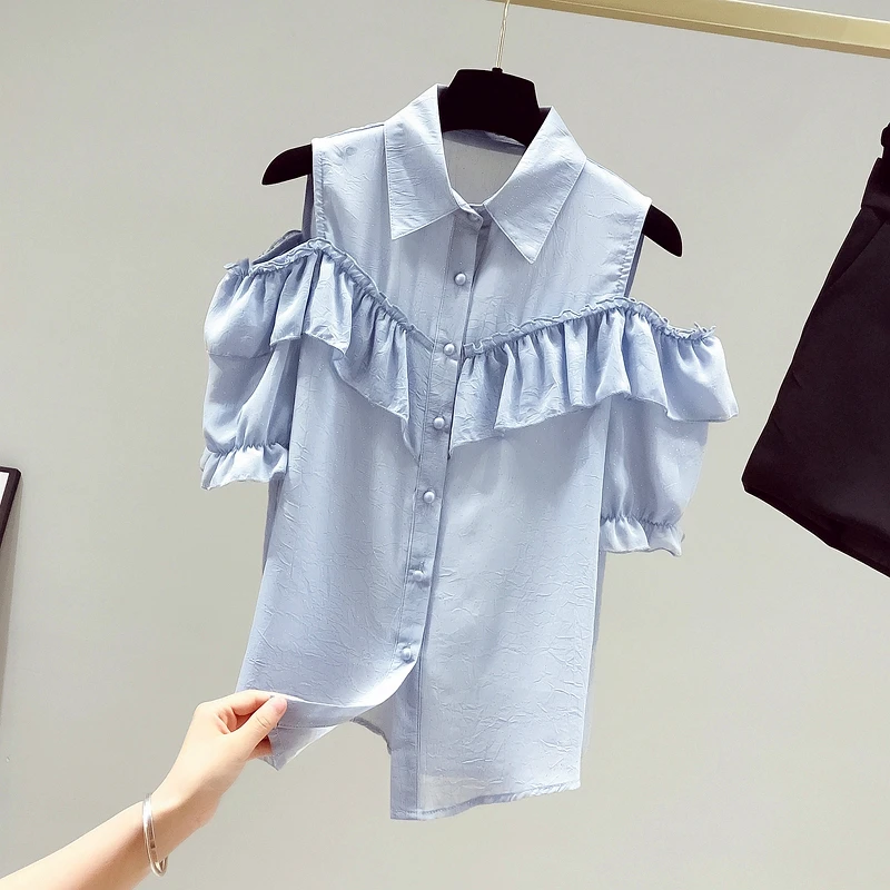 Женская шифоновая блузка с коротким рукавом свободная оборками и открытыми