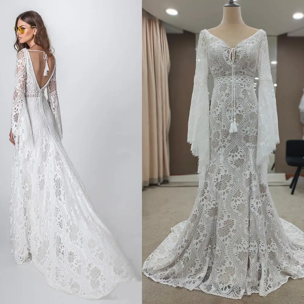 Платье Свадебное в стиле бохо с V-образным вырезом и длинным