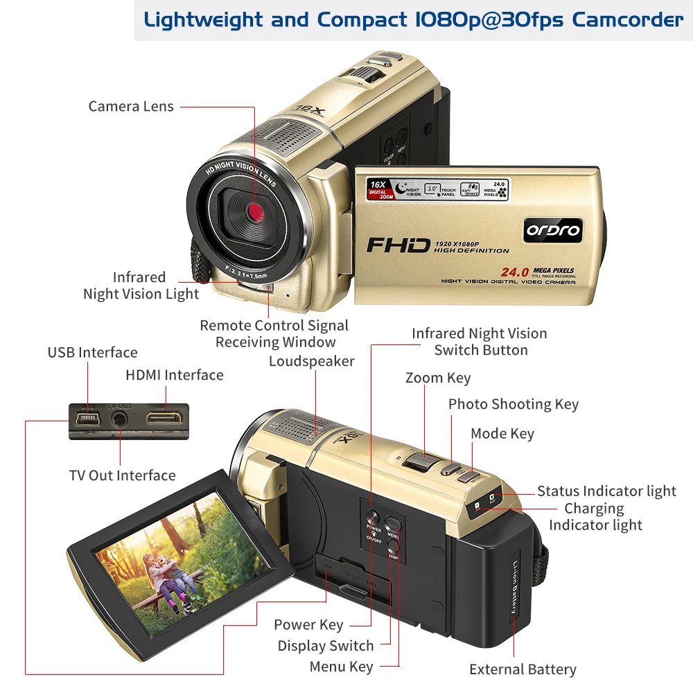 Видеокамера Ordro F7 16X цифровое увеличение 1080P Full HD ночное видение Wi Fi|Любительские