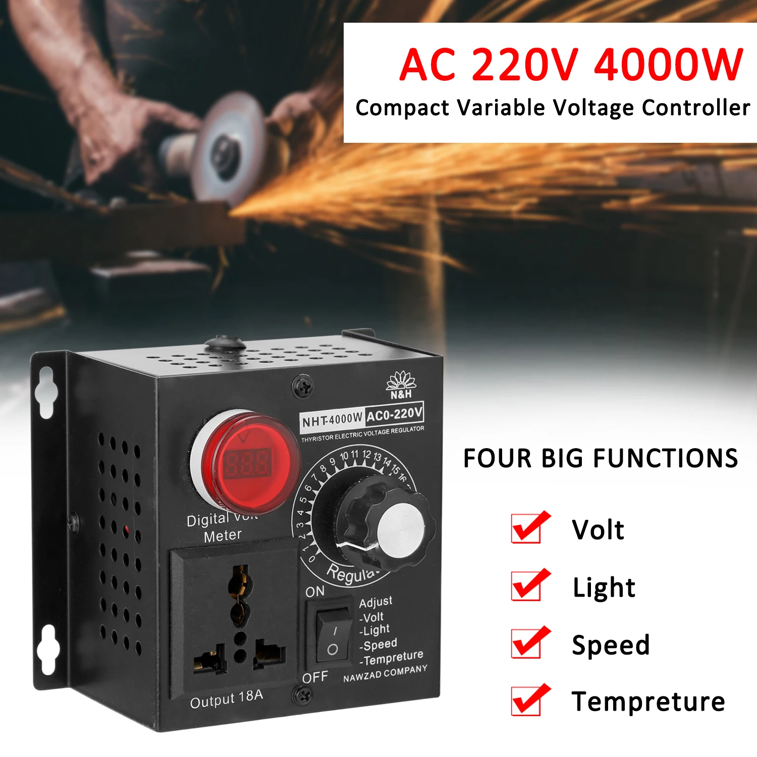 

AC 220V 4000W Compact Variable Voltage Controller Portable Speed Temperature Light Voltage Adjuatable Dimmer