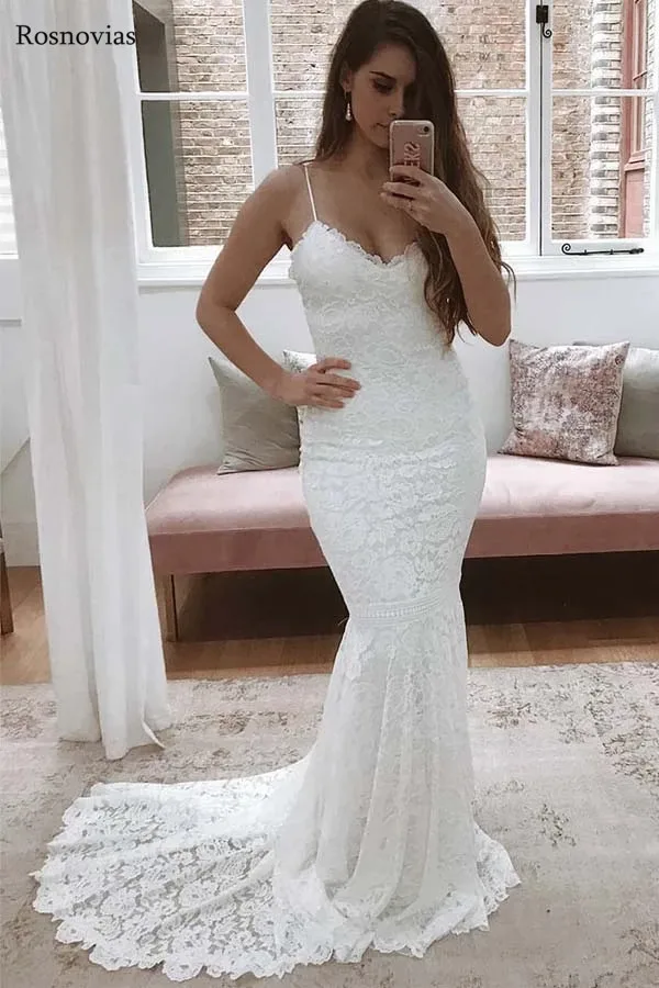 Boho полный Кружева Русалка Свадебные платья 2019 Спагетти ремень спинки развертки