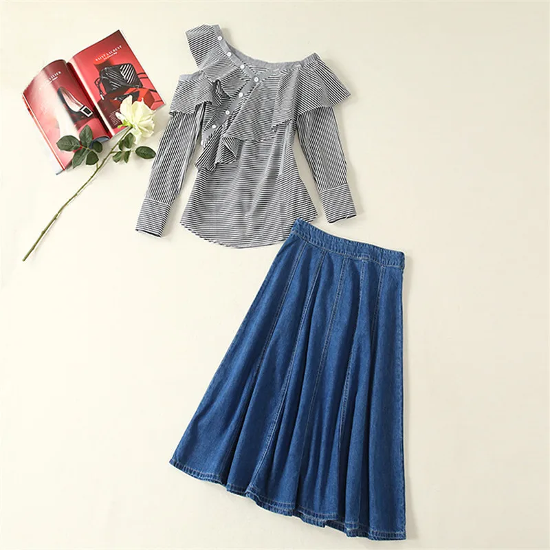 

Женский комплект из 2 предметов, Элегантная блузка в полоску с оборками и джинсовая юбка, осенний подиумный костюм, 2020