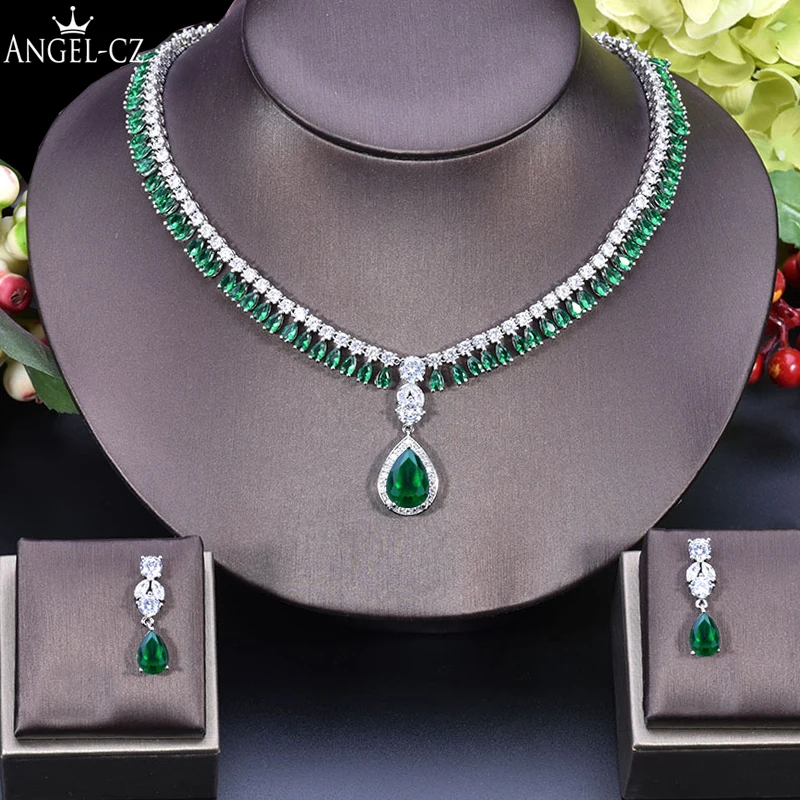 ANGELCZ классическая капля воды зеленый CZ цирконий свадебное ожерелье серьги в