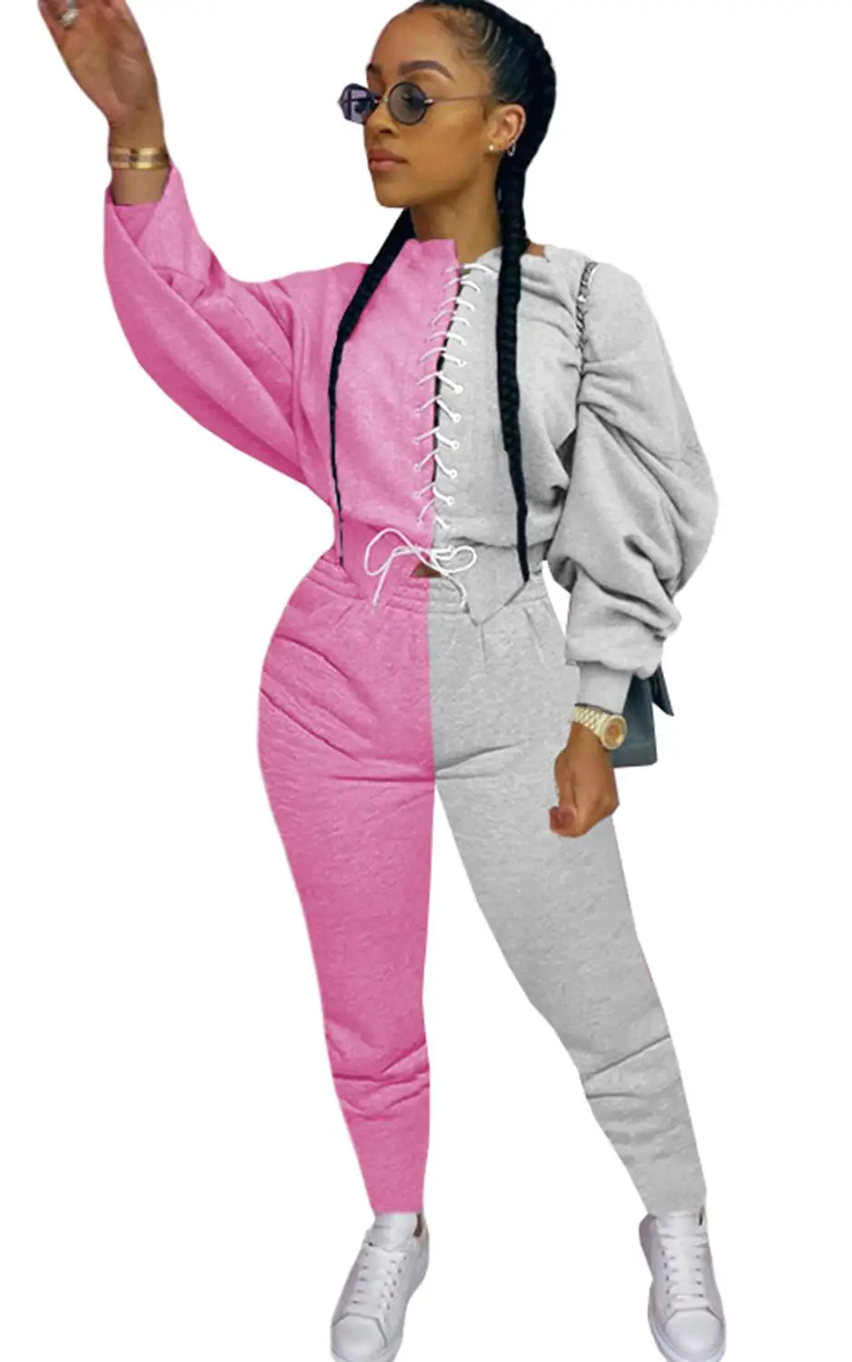 

Fall 2020 new fashion splicing casual two piece set loose o-neck long sleeve T-shirt and trousers women's suit